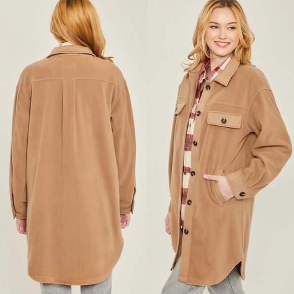🆕Long line fleece shacket in camel - Picture 5 of 7
